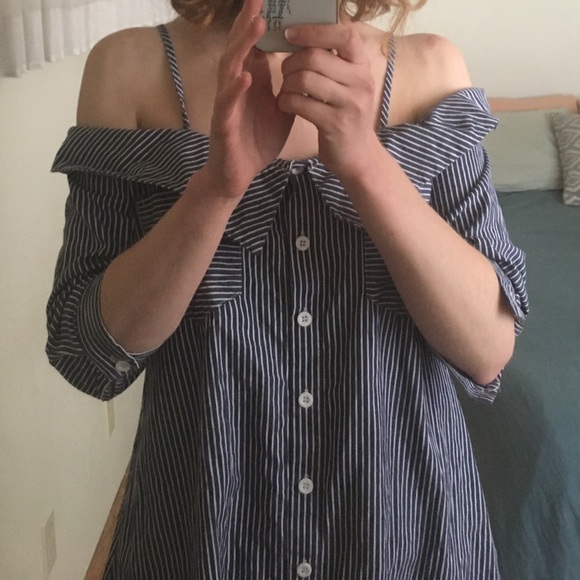 Pinstripe Off Shoulder Button Down Shirt - Picture 2 of 5